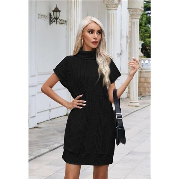 Women's Turtleneck Oversized Sleeveless Ribbed Tunic Sweater Dress - Picture 6 of 7